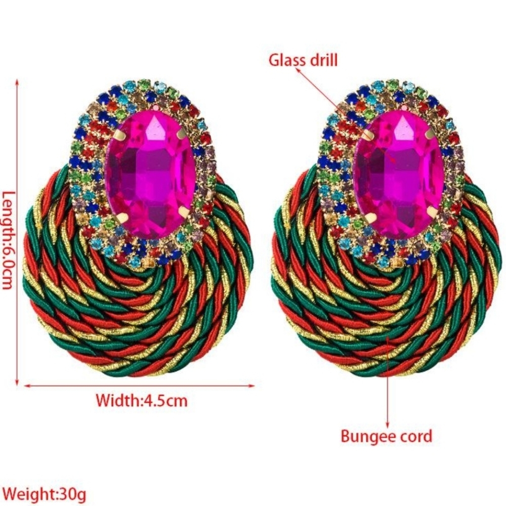 Big Rhinestone and Cord Earrings, Green/Emerald colour - Picture 6 of 7